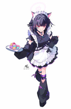 1girl absurdres alternate_costume animal_collar animal_ears apron bandaid bandaid_on_face black_hair black_leg_warmers blue_archive cat_ears cat_girl collar colored_inner_animal_ears colored_inner_hair commentary_request detached_sleeves dress enmaided food frilled_apron frilled_dress frills full_body grin halo highres holding holding_tray kazusa_(blue_archive) knee_pads leg_warmers looking_at_viewer macaron maid maid_apron maid_headdress multicolored_hair nekomochi pink_hair pink_halo red_eyes short_hair sleeves_past_wrists smile solo tray two-tone_hair waist_apron white_apron