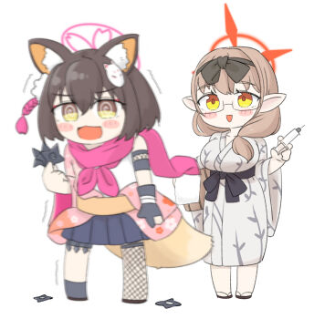 2girls @_@ animal_ear_fluff animal_ears black-framed_eyewear black_gloves black_sandals blue_archive blue_skirt blush_stickers breasts brown_eyes brown_hair chibi chinatsu_(blue_archive) chinatsu_(hot_spring)_(blue_archive) commentary_request fishnet_thighhighs fishnets fox_ears fox_girl fox_mask fox_tail glasses gloves grey_kimono grey_socks hair_between_eyes hair_over_shoulder halo highres holding holding_syringe holding_weapon izuna_(blue_archive) japanese_clothes kimono large_breasts long_hair long_sleeves low_ponytail mask mask_on_head miranofuudoria motion_blur multiple_girls neckerchief partially_fingerless_gloves pink_neckerchief pink_scarf pleated_skirt ponytail sandals scarf semi-rimless_eyewear shirt shuriken simple_background single_sock single_thighhigh skirt socks standing syringe tail thighhighs trembling under-rim_eyewear weapon white_background white_shirt wide_sleeves yellow_eyes zouri