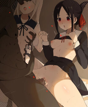 1boy 2girls black_hair black_hairband black_shirt black_skirt blue_collar blush breasts cellphone clothed_female_nude_male clothes_lift collar cum cum_in_pussy dark-skinned_male dark_skin dress dress_lift ffm_threesome folded_ponytail grabbing_another&#039;s_breast grey_hair groping group_sex hair_between_eyes hair_ribbon hairband half-closed_eyes hand_on_own_chest hands_up hetero highres holding holding_hands holding_phone interracial kaguya-sama_wa_kokurasetai_~tensai-tachi_no_renai_zunousen~ large_penis long_sleeves looking_at_another medium_breasts moaning multiple_girls navel nipples no_panties nude open_mouth penis phone pussy rea_loixacra recording red_eyes red_ribbon ribbon sailor_collar saliva saliva_trail school_uniform sex shinomiya_kaguya shirogane_kei shirt shirt_lift short_hair short_hair_with_long_locks shuuchiin_academy_school_uniform sidelocks skirt skirt_lift smartphone spread_legs striped_clothes striped_hairband sweat testicles threesome uncensored white_collar white_hair white_shirt