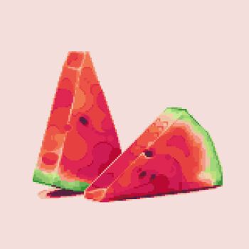 Rule 34 | absurdres, food, food focus, fruit, highres, no humans, original, pixel art, realistic, shadow, simple background, ventiquepxl, watermelon, watermelon slice