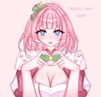 1girl blue_eyes breasts cape cleavage commentary elf elysia_(honkai_impact) elysia_(miss_pink_elf)_(honkai_impact) elysia_(xmas_cottage)_(honkai_impact) english_commentary four-finger_heart_hands happy_new_year heart heart_hands highres honkai_(series) honkai_impact_3rd large_breasts long_hair looking_at_viewer minokotou new_year official_alternate_costume pink_background pink_hair pointy_ears red_cape santa_cape shirt simple_background solo upper_body very_long_hair white_shirt