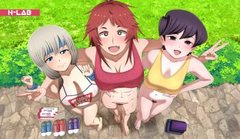 3girls abs absurdres aizawa_akemi black_hair blue_eyes blush breasts brown_eyes double_v h-lab highres komi-san_wa_komyushou_desu komi_shuuko large_breasts mature_female medium_breasts multiple_girls pubic_hair red_eyes red_hair short_hair tomo-chan_wa_onna_no_ko uzaki-chan_wa_asobitai! uzaki_tsuki v white_hair