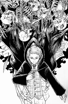 1boy absurdres as_122m black_coat black_robe coat freckles harry_potter_(series) highres hogwarts_legacy hogwarts_school_uniform hooded_robe monochrome necktie pants plaid_clothes plaid_pants robe school_uniform sebastian_sallow short_hair skeleton striped_necktie wand wizarding_world