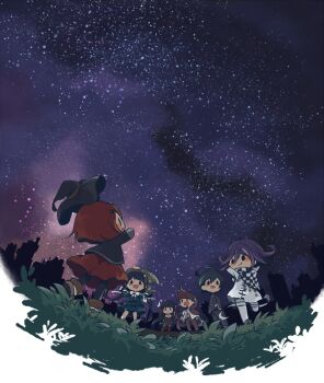 3boys 3girls ahoge arms_behind_head belt black_eyes black_hair black_hat black_jacket black_pants black_pantyhose black_scarf black_shoes black_skirt blazer blue_gem blue_serafuku blue_shirt blue_skirt blunt_ends blush_stickers bob_cut boots border bow bowtie brown_belt brown_boots buttons chabashira_tenko checkered_clothes checkered_scarf chibi closed_mouth coat coat_partially_removed collared_jacket commentary_request danganronpa_(series) danganronpa_v3:_killing_harmony double-breasted eyelashes facial_hair flame_print floating_clothes floating_hair floral_print frilled_skirt frills from_behind gem gem_hair_ornament goatee grass green_bow hair_between_eyes hair_bow hair_ornament hair_ribbon hair_scrunchie hairband hairclip hand_on_own_hip happy harukawa_maki hat hat_belt hat_loss high_collar hitofutarai jacket kneehighs long_hair_between_eyes long_sleeves low_twintails miniskirt mole mole_under_eye momota_kaito multicolored_buttons multiple_boys multiple_girls night oma_kokichi open_belt open_clothes open_jacket open_mouth outdoors pants pantyhose pink_hairband pinstripe_jacket pinstripe_pants pinstripe_pattern pleated_skirt pocket pointing pointing_up print_bow print_shirt purple_coat purple_hair purple_pants purple_sky red_hair red_scrunchie red_shirt red_skirt red_thighhighs ribbon saihara_shuichi scarf school_uniform scrunchie serafuku shirt shoes short_hair skirt skirt_set sky skyline sleeve_cuffs sleeves_past_wrists socks solid_oval_eyes space_print spiked_hair standing star_(sky) starry_sky starry_sky_print thigh_belt thigh_strap thighhighs torn_clothes torn_jacket twintails two-sided_coat two-sided_fabric two-tone_scarf white_belt white_border white_bow white_bowtie white_jacket white_pants white_ribbon white_scarf white_shirt white_socks wind witch_hat yumeno_himiko