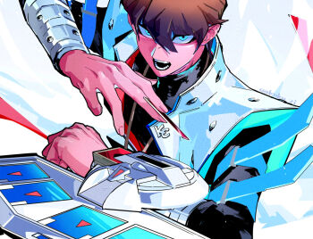 Rule 34 | 1boy, arm up, black shirt, blue eyes, brown hair, card, coat, duel disk, holding, holding card, jewelry, kaiba seto, kokusoji, long sleeves, looking at viewer, male focus, necklace, open mouth, sanpaku, shirt, short hair, solo, teeth, twitter username, upper body, white coat, yu-gi-oh!, yu-gi-oh! duel monsters