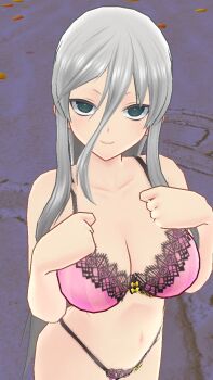 1girl 3d bra breasts cleavage green_eyes highres lace lace-trimmed_bra lace-trimmed_panties lace_trim looking_at_viewer navel panties senkou_(senran_kagura) senran_kagura silver_hair underwear
