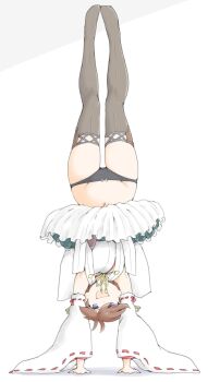 1girl akara_kai black_panties blue_eyes boots breasts brown_hair detached_sleeves flipped_hair green_skirt hairband headgear hiei_(kancolle) hiei_kai_ni_(kancolle) highres japanese_clothes kantai_collection medium_breasts navel nontraditional_miko open_mouth panties plaid_clothes plaid_skirt ribbon-trimmed_sleeves ribbon_trim short_hair skirt smile thigh_boots thighhighs underwear upside-down white_background