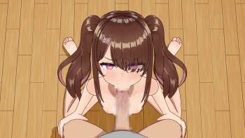 1boy 1girl 3d 5jzutrqasi13796 animated animated_gif bottomless breasts brown_hair censored erection eye_visible_through_hair fellatio hair_ornament hairclip highres loli mosaic_censoring nipples nude oral original penis pov pov_crotch purple_eyes shirt small_breasts twintails