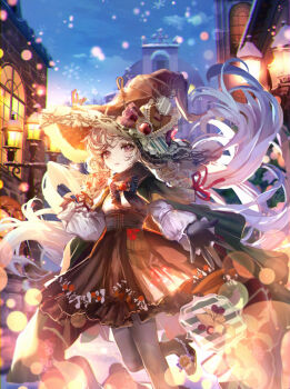 1girl black_skirt bow building cape commentary_request food hat highres komorihikki long_hair long_sleeves looking_at_viewer night original outdoors pantyhose parted_lips purple_eyes ribbon sensitive shirt skirt sky snow solo very_long_hair white_shirt witch_hat