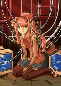 1girl android blazer bow brown_hair cable collared_shirt computer doki_doki_literature_club doki_doki_literature_club_school_uniform green_eyes hair_between_eyes hair_bow hair_intakes hair_over_eyes jacket joints long_hair looking_at_viewer monika_(doki_doki_literature_club) monitor nightmumu pleated_skirt ponytail ribbon robot robot_joints school_uniform shirt shoes skirt sweater thighhighs very_long_hair