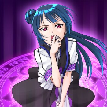 10s 1girl blue_hair female_focus hair_bun holding holding_microphone long_hair love_live! love_live!_school_idol_festival love_live!_sunshine!! magic_circle microphone microphone_stand music open_mouth purple_background purple_eyes rurie_(lourie) short_sleeves siddham side_bun singing single_side_bun skirt solo strawberry_trapper tsushima_yoshiko