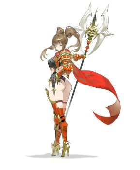 1girl absurdres armor arowana2111 ass belt black_shirt blunt_bangs boots breasts brown_belt brown_boots brown_hair cape commentary couter english_commentary full_body hand_on_own_hip high_heel_boots high_heels highres long_hair looking_at_viewer medium_breasts original over-kneehighs pauldrons red_cape red_socks shadow shirt shoulder_armor socks solo thigh_belt thigh_strap thighhighs twintails vambraces