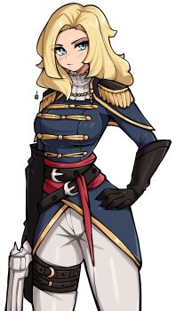 1girl belt belt_buckle black_belt black_gloves blonde_hair blue_eyes blue_jacket breasts buckle closed_mouth commentary commission cowboy_shot english_commentary epaulettes gloves gun hand_on_own_hip highres holding holding_gun holding_weapon jacket long_hair long_sleeves looking_at_viewer medium_breasts oninuer original pants parted_hair scar scar_on_face simple_background solo weapon white_background white_pants