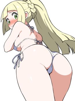 1girl ass ass_focus bikini blonde_hair blush braid breasts close-up closed_mouth covered_erect_nipples cowboy_shot curvy ecgg_(tsuji418477) embarrassed female_focus high_ponytail leaning_forward lillie_(pokemon) long_hair looking_at_viewer looking_back nintendo paid_reward_available pokemon pokemon_sm ponytail shiny_skin side-tie_bikini_bottom sideboob sidelocks simple_background small_breasts solo standing swimsuit thong thong_bikini underboob wavy_mouth white_background white_bikini wide_hips