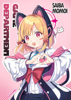 1girl absurdres animal_ear_headphones animal_ears artist_name black_jacket black_skirt blonde_hair blue_archive blue_necktie blush_stickers bow buttons cat_ear_headphones cat_ears cat_tail character_name collared_shirt commentary dress_shirt fake_animal_ears fake_tail fang hair_bow halo headphones heart heart_hands heart_in_heart_hands highres jacket long_sleeves looking_at_viewer low-tied_sidelocks mantian_xingchen_39 momoi_(blue_archive) multicolored_jacket necktie off_shoulder open_mouth parted_bangs pink_background pink_eyes pink_halo pink_jacket pleated_skirt red_bow school_uniform shirt shirt_tucked_in short_hair sidelocks signature skirt smile solo suspender_skirt suspenders tail tail_raised two-sided_fabric two-sided_jacket unbuttoned upper_body v-shaped_eyebrows white_jacket white_shirt wide_sleeves