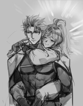 1boy 1girl :t abs absurdres arm_around_leg arm_around_neck blush broken_sword_(shadow_slave) carrying coat coat_on_shoulders commentary cowboy_shot english_commentary gloves hetero high_ponytail highres light_rays logicsterrr looking_to_the_side muscular muscular_male narrowed_eyes open_clothes open_coat pectorals piggyback ponytail shadow_slave short_hair smile_of_heaven smirk spiked_hair unamused