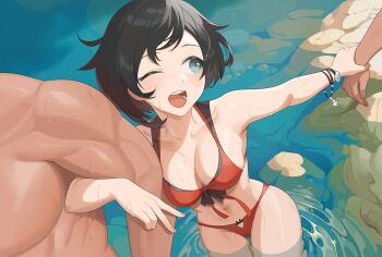 1girl 2boys ;d bare_shoulders bikini black_hair bracelet breasts cleavage collarbone eye_color_change green_eyes highres holding_another's_wrist jewelry large_breasts looking_at_another multiple_boys muscular muscular_male navel one_eye_closed open_mouth red_bikini ruby_rose rwby short_hair sideways_glance smile solo_focus stomach swimsuit v wading wangxiii water wet