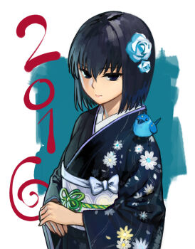 1girl 2016 animal animal_on_shoulder b_suke bird bird_on_shoulder black_eyes black_hair black_kimono commentary_request expressionless flower hair_flower hair_ornament japanese_clothes kimono medium_hair obi original sash solo upper_body