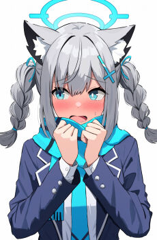 alternate_hairstyle amenocchi animal_ears blue_archive blue_eyes blue_halo blush braid commentary_request grey_hair halo heterochromia highres open_mouth shiroko_(blue_archive) simple_background twintails upper_body white_background wolf_ears