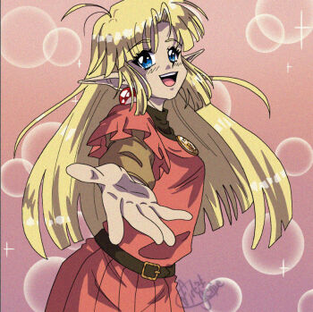 1990s_(style) 1girl belt blonde_hair blue_eyes commission commissioner_upload deltaflareon dress earrings elf fake_screenshot film_grain jewelry long_hair looking_at_viewer lotte_farona official_art open_hand open_mouth orange_dress orange_shirt outstretched_hand pointy_ears retro_artstyle shirt signature smile solo sparkle teeth upper_teeth_only ways_of_darkness_(series)