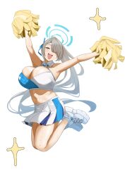Rule 34 | 1girl, absurdres, asuna (blue archive), blue archive, blue eyes, blue halo, blush, breasts, cheering, cheerleader, detached collar, hair over one eye, halo, halterneck, highres, holding, holding pom poms, large breasts, light brown hair, long hair, looking at viewer, millennium cheerleader outfit (blue archive), navel, open mouth, pleated skirt, pom pom (cheerleading), pom poms, shoes, simple background, skirt, smile, solo, tnr (horiko1525), white background, white footwear, white skirt