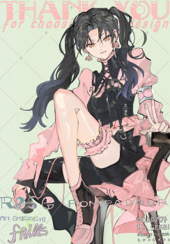 Rule 34 | 1girl, absurdres, armlet, asymmetrical legwear, black boots, black hair, black leg warmers, black ribbon, black shorts, black tube top, bloom festival (project sekai), blue hair, boots, breasts, character name, commentary request, copyright name, dated, dot nose, earrings, english text, flower, foot out of frame, frilled shirt, frilled thigh strap, frills, gradient hair, green background, highres, jewelry, juliet sleeves, layered clothes, layered shirt, leg up, leg warmers, long hair, long sleeves, looking at viewer, medium breasts, midriff peek, multicolored boots, multicolored hair, neck ribbon, official alternate costume, official alternate hairstyle, official art, open mouth, orange eyes, parted bangs, pink boots, pink flower, pink rose, pink shirt, project sekai, puffy sleeves, pyongtaro, ribbon, rose, rose/pompadour (project sekai), shiraishi an, shirt, short shorts, shorts, silver armlet, single leg warmer, sitting, solo, strapless, thank you, thigh strap, tsurime, tube top, twintails, two-tone boots, v