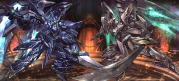 commentary commission double_blade duel eiyuu_densetsu english_commentary glowing glowing_eyes highres holding holding_polearm holding_sword holding_weapon mecha no_humans ordine polearm porukima robot sen_no_kiseki sen_no_kiseki_(series) sen_no_kiseki_ii sword valimar weapon