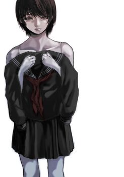 1girl aged_down black_hair bra brown_eyes closed_mouth fatal_frame fatal_frame_iii:_the_tormented gauss_&lt;bokashi kurosawa_rei looking_at_viewer mole mole_under_eye school_uniform short_hair simple_background solo underwear white_background