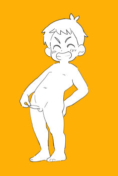 1boy aba_oji foreskin foreskin_pull grin male_focus nude orange_background original penis penis_grab short_hair shota smile solo