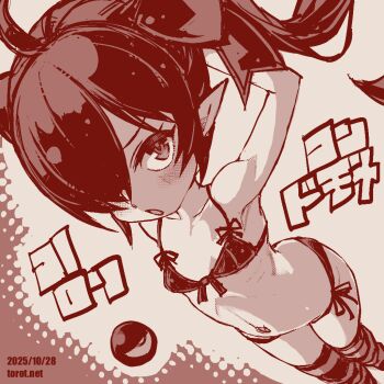 1girl :o ahoge armpits arms_behind_head arms_up backbeako_(torotei) backbeard blush bow bow_bra bra breasts collarbone commentary dated dated_commentary dutch_angle gegege_no_kitarou hair_over_one_eye hair_ribbon kono_lolicon_domome loli long_hair looking_at_viewer monochrome navel open_mouth original paid_reward_available panties pointy_ears red_theme ribbon ribs side-tie_panties simple_background small_breasts solo standing striped_clothes striped_thighhighs thighhighs torotei translated twintails underwear underwear_only v-shaped_eyebrows watermark web_address white_background