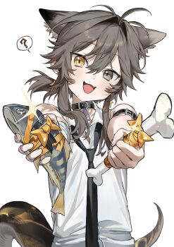 1boy ? absurdres animal animal_ears bandaid bandaid_on_cheek bandaid_on_face belt_collar black_necktie bone collar fang fish foreshortening grey_eyes grey_hair head_tilt heterochromia highres holding holding_animal holding_bone holding_fish incoming_gift looking_at_viewer male_focus necktie open_mouth original seeshin_see shirt simple_background sleeveless sleeveless_shirt smile solo spoken_question_mark tail trap upper_body white_background white_shirt yellow_eyes