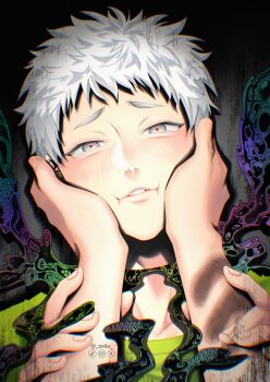 2boys blush commentary green_shirt hands_on_another's_arms hands_on_another's_cheeks hands_on_another's_face highres hikaru_ga_shinda_natsu indou_hikaru instagram_logo male_focus multiple_boys red_pupils scar scar_on_arm shirt short_hair solo_focus symbol-only_commentary teeth tiktok_logo tsujinaka_yoshiki twitter_username twitter_x_logo white_hair zeiika