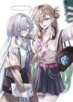 2girls absurdres arm_over_shoulder bag_charm belt black_nails black_skirt blonde_hair blue_eyes bow bowtie breasts brown_coat charm_(object) chromatic_aberration clang_bang_(wuthering_waves) coat collarbone collared_shirt colored_eyelashes comiket_107 commentary earrings glasses grey_hair hair_over_one_eye halo headphones headphones_around_neck highres holding holding_paper id_card jewelry long_hair looking_at_another lynae_(wuthering_waves) medium_breasts mornye_(wuthering_waves) multiple_girls nail_polish necktie off_shoulder official_alternate_costume paper purple_bow purple_bowtie purple_necktie red-framed_eyewear red_eyes rin0_(gujrv) semi-rimless_eyewear shirt skirt smile star_(symbol) star_earrings symbol-only_commentary tied_shirt under-rim_eyewear wallet_chain white_shirt wuthering_waves