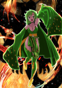 1girl absurdres aged_up blue_eyes breasts cape cleavage detached_sleeves final_fantasy final_fantasy_iv full_body green_eyes green_hair hair_ornament highres jewelry large_breasts long_hair looking_at_viewer magic open_mouth rydia_(adult)_(ff4) rydia_(ff4) solo summoning thighhighs toku_sonchou