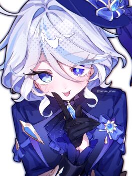 1girl :p ahoge ascot black_gloves blue_ascot blue_bow blue_gem blue_hair blue_hat blue_jacket blue_ribbon bow brooch closed_mouth commentary_request drop-shaped_pupils furina_(genshin_impact) gem genshin_impact gloves hat hat_bow heterochromia highres jacket jewelry long_sleeves looking_at_viewer multicolored_hair rarirure_rirure ribbon shirt short_hair simple_background smile solo symbol-shaped_pupils tongue tongue_out top_hat twitter_username upper_body vision_(genshin_impact) white_background white_hair