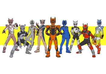 2girls 6+boys assault_visor black_bodysuit blue_bodysuit bodysuit brown_bodysuit brown_helmet bull choumei_(naruto) crossover full_body fuu_(naruto) gaara_(naruto) geokinesis green_bodysuit green_helmet grey_bodysuit grey_helmet gyuuki_(naruto) han_(naruto) helmet highres horns isobu_(naruto) juuken_sentai_gekiranger karatachi_yagura killer_bee kitsune kokuou_(naruto) kurama_(naruto) kyuubi matatabi_(naruto) multicolored_bodysuit multiple_boys multiple_girls multiple_tails naruto_(series) naruto_shippuuden nii_yugito orange_bodysuit orange_helmet red_bodysuit red_helmet roushi_(naruto) saiken_(naruto) shukaku_(naruto) slug son_gokuu_(naruto) super_sentai tail to_ze tokusatsu utakata_(naruto) uzumaki_naruto white_bodysuit white_helmet