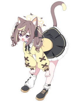 Rule 34 | 1girl, animal ear fluff, animal ears, apricotlemontea, bent over, black bow, black ribbon, black shoes, black skirt, blonde hair, blue archive, bow, bright pupils, brown hair, cardigan, cat ears, cat girl, cat tail, collared shirt, fang, frilled skirt, frills, full body, hair bow, hair ornament, hair ribbon, hairclip, halo, hands on own knees, highres, leaning forward, long hair, long sleeves, looking at viewer, loose socks, medium hair, miniskirt, multicolored hair, neck ribbon, open mouth, pleated skirt, puffy long sleeves, puffy sleeves, purple eyes, rena (blue archive), ribbon, shirt, shoes, simple background, skin fang, skirt, smile, socks, solo, standing, streaked hair, tail, tail raised, twintails, white background, white pupils, white shirt, white socks, x hair ornament, yellow cardigan