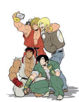 Rule 34 | 4boys, abs, belt, black belt, black hair, blonde hair, camera, capcom, capcom vs. snk, denim, dougi, fatal fury, fingerless gloves, garou: mark of the wolves, gloves, headband, jacket, jeans, karate gi, ken masters, kusanagi kyou, kyo kusanagi, multiple boys, muscular, muscular male, pants, ryu (street fighter), selfie, snk, squatting, street fighter, terry bogard, the king of fighters, zack-awesome