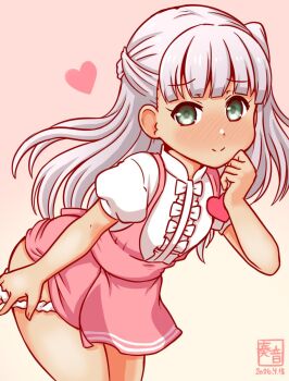 1girl apron blush cowboy_shot flat_chest gradient_background green_eyes grey_hair hair_ornament hair_ribbon heart kanon_(kurogane_knights) kantai_collection loli long_hair looking_at_viewer maestrale_(kancolle) nakai_(waitress) one_side_up panties panty_pull pink_apron pink_background pink_skirt ribbon shirt short_sleeves skirt solo underwear white_shirt