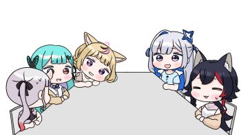 5girls :d amane_kanata animal_ear_fluff animal_ears bare_shoulders black_bow black_choker black_hair black_necktie blonde_hair blue_hair blue_shirt blush_stickers bow braid brown_cardigan brown_jacket butterfly_hair_ornament cardigan chair chibi choker clothes_writing fox_ears grey_hair grey_shirt hair_bow hair_ornament halo highres hololive horns jacket long_hair low_ponytail mochimiko multicolored_hair multiple_girls nakiri_ayame nakiri_ayame_(streetwear) necktie off_shoulder omaru_polka omaru_polka_(casual) on_chair oni ookami_mio ookami_mio_(street) open_clothes open_jacket open_mouth pink_hair ponytail pp_tenshi_t-shirt purple_eyes red_eyes red_hair shirt simple_background single_hair_intake sitting sleeveless sleeveless_shirt smile streaked_hair table twintails two-tone_hair two_side_up uruha_rushia uruha_rushia_(school_uniform) very_long_hair virtual_youtuber white_background white_shirt white_wings wings wolf_ears