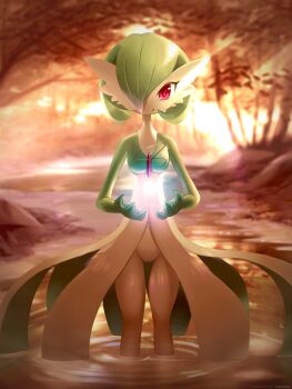 Rule 34 | 1girl, absurdres, ancesra, artist name, blurry, blurry background, bob cut, breasts, closed mouth, colored skin, female focus, floating, floating object, forest, gardevoir, gen 3 pokemon, glowing, green skin, hair over one eye, hands up, happy, highres, jewelry, light rays, multicolored skin, nature, necklace, nintendo, outdoors, partially submerged, patreon username, pokemon, pokemon (creature), red eyes, ripples, short hair, small breasts, smile, solo, standing, straight-on, stream, sunlight, sunset, tree, two-tone skin, wading, water, watermark, web address, white skin