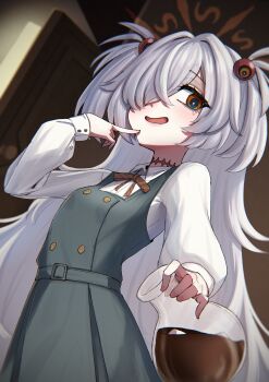 Rule 34 | 1girl, absurdres, bags under eyes, blue archive, blush, bow, bowtie, brown halo, brown ribbon, choker, collared shirt, diagonal-striped ribbon, door, dress, eyeball hair ornament, flask, grey hair, hair ornament, hair over one eye, halo, hand on own chin, highres, holding, holding flask, indoors, kanoe (blue archive), long hair, long sleeves, looking at viewer, mojyo, multicolored eyes, open mouth, pinafore dress, poke doll, ribbon, round-bottom flask, scar, scar on neck, shirt, sleeveless, sleeveless dress, smile, solo, tilted halo, two-tone eyes, two side up, upper body, very long hair, white shirt