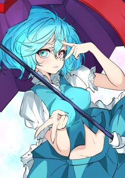absurdres aqua_eyes aqua_hair aqua_skirt aqua_vest between_breasts blue_hair blue_nails breasts frilled_skirt frills heterochromia highres holding holding_umbrella juliet_sleeves large_breasts long_sleeves medium_hair midriff nail_polish navel puffy_sleeves purple_umbrella red_eyes shirt short_sleeves skirt tatara_kogasa touhou umbrella unanooo_(fthx7532) v vest white_shirt