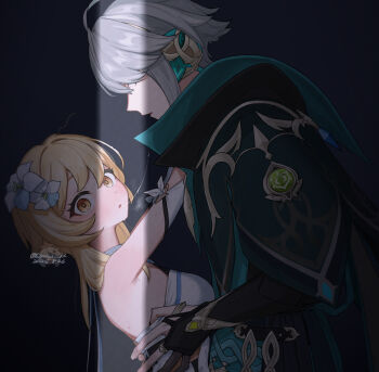 1boy 1girl after_kiss ahoge alhaitham_(genshin_impact) arms_around_neck arms_up artist_name backless_outfit black_background black_bridal_gauntlets blonde_hair blush breasts breath bridal_gauntlets caught commentary couple covered_eyes crack_of_light dated dendro_symbol_(genshin_impact) flower from_side gem genshin_impact green_gemstone grey_hair hair_flower hair_ornament hair_over_eyes hands_on_another&#039;s_back headphones height_difference hetero long_bangs looking_at_viewer loose_hair_strand lumine_(genshin_impact) medium_breasts multicolored_flower nervous_sweating parted_lips profile q_(oshikuraq) saliva saliva_trail short_hair short_hair_with_long_locks simple_background surprised sweat twitter_username two-tone_flower upper_body very_short_hair vision_(genshin_impact) white_flower wide-eyed yellow_eyes