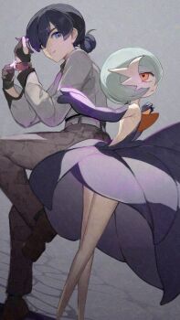 2025 anths black_gloves black_hair blue_eyes commentary_request fingerless_gloves gardevoir gen_3_pokemon gloves grey_background grey_shirt highres long_sleeves looking_at_viewer mega_gardevoir mega_pokemon nintendo pants pokemon pokemon_legends:_z-a red_eyes shirt shoes