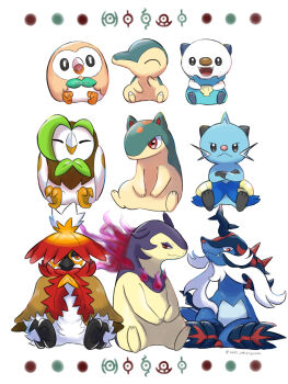 artist_name closed_eyes cyndaquil dartrix dewott evolutionary_line gen_2_pokemon gen_5_pokemon gen_7_pokemon highres hisuian_decidueye hisuian_samurott hisuian_typhlosion looking_at_viewer nintendo no_humans open_mouth pokemon pokemon_(creature) quilava shawa simple_background sitting starter_pokemon_trio unown unownglyphics user_wuxd3433 watermark