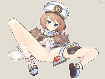 1girl ass bare_legs bare_shoulders blanc_(neptunia) blue_eyes bottomless brown_hair coat controller dress expressionless female_focus female_masturbation full_body fur_trim game_controller goophilia hair_between_eyes hat knee_up long_sleeves looking_at_viewer lying masturbation neptune_(series) no_panties object_insertion on_back pussy short_hair simple_background solo spaghetti_strap spread_legs uncensored vaginal vaginal_object_insertion white_dress wii_remote
