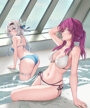 2girls absurdres arm_support arm_up armpit_crease ass bare_shoulders belt bikini black_bow black_hairband blue_bikini blue_eyes blush bow breasts commentary cowboy_shot dealesis english_commentary firefly_(honkai:_star_rail) from_behind green_pupils hair_between_eyes hair_bow hairband hand_in_own_hair highres honkai:_star_rail honkai_(series) indoors kafka_(honkai:_star_rail) large_breasts long_hair looking_at_viewer looking_back median_furrow multiple_girls navel parted_lips ponytail pool poolside purple_eyes purple_hair rei_no_pool shoulder_blades side-tie_bikini_bottom sideboob sitting soaking_feet swimsuit thigh_belt thigh_strap wet white_belt white_bikini white_hair window