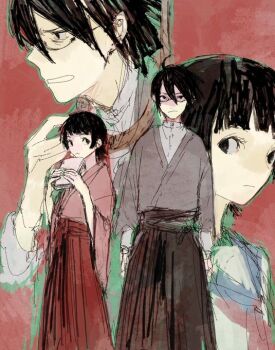 1boy 1girl aaanoa black_hair blush book glass grey_hakama hakama hakama_skirt holding holding_book image_sample itoshiki_nozomu japanese_clothes meiji_schoolgirl_uniform red_hakama sayonara_zetsubou_sensei school_uniform skirt standing tsunetsuki_matoi twitter_sample
