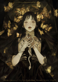 1girl absurdres animal baichuan_baichuan brown_theme bug butterfly closed_mouth cowboy_shot dagger dated dress highres holding holding_dagger holding_knife holding_weapon insect knife lips long_hair looking_at_viewer lying makeup on_back original rouge_(makeup) short_sleeves skeleton snake solo watermark weapon wispy_bangs